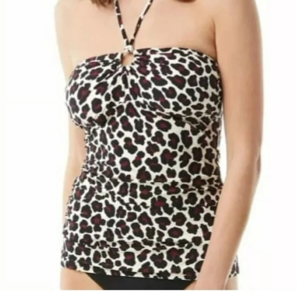 Michael Kors Khaki Leopard Logo Ring Shirred Bandeau Tankini Top